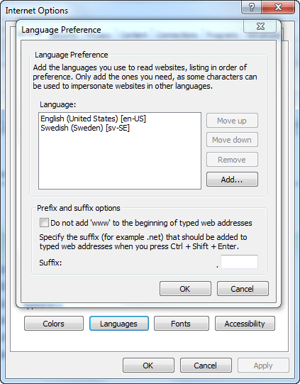 Internet Options > Language Preference