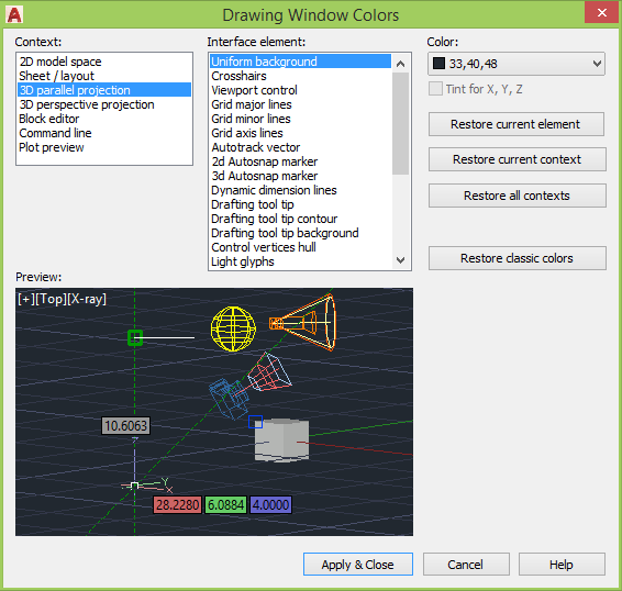 AutoCAD drawing window colors